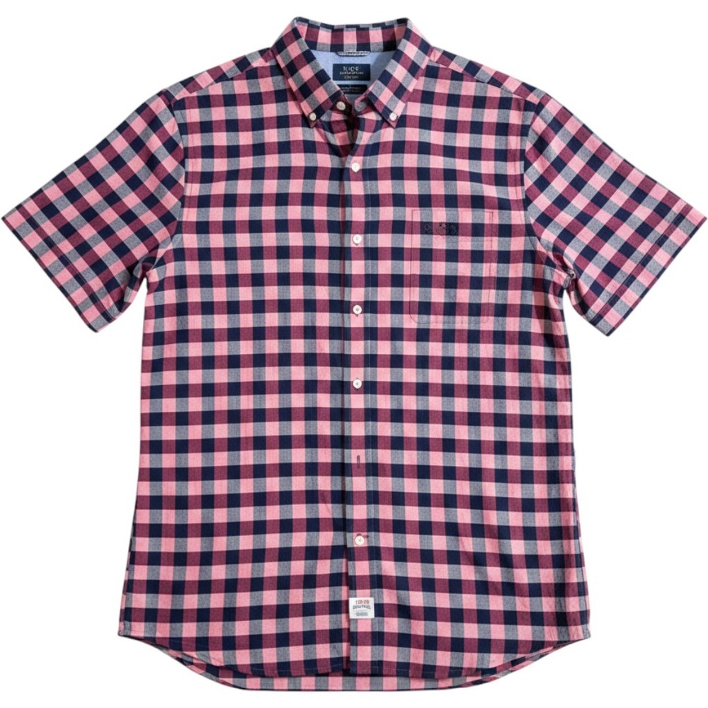 IZOD Saltwater Mens XL Short Sleeve Button Down Shirt Pink Navy Blue Check Plaid